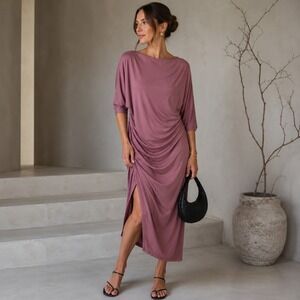 Annabelle Ruched Midi Dress Womens L Mauve Modal Draped Asymmetrical Minimalist